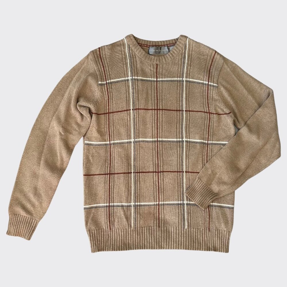 Oscar de la Renta Plaid Crewneck Sweater Men’s M Brown Cotton Blend Pullover